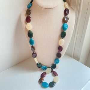 Swirly lucite beaded necklace in brown aqua green white and purple single strand